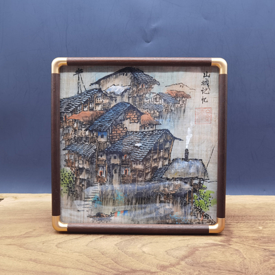 夏布手绘吊脚楼胡桃木拼金属框02