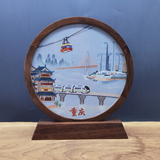 蜀绣渝城印象胡桃木双面绣摆件