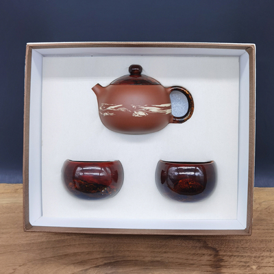 双非遗荣昌陶+漆艺茶具（壶+双杯）