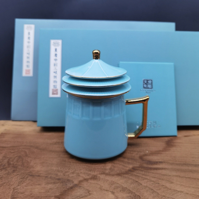 三博文创大礼堂泡茶杯（带金边）