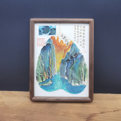 三峡风光手绘叶脉画摆件每幅不同